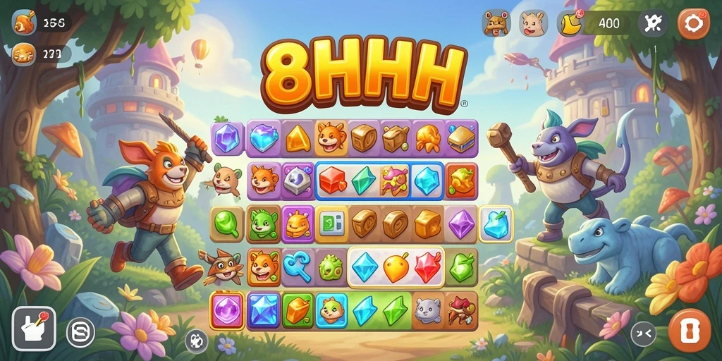 Screenshot gameplay 8HHH dengan objek berwarna-warni yang cocok.