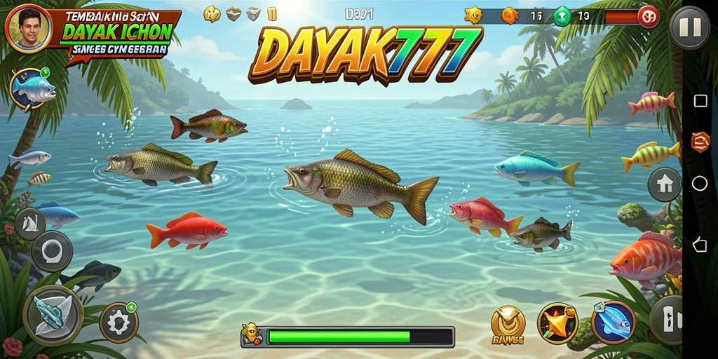 Gameplay DAYAK777 saat menangkap ikan yang seru.