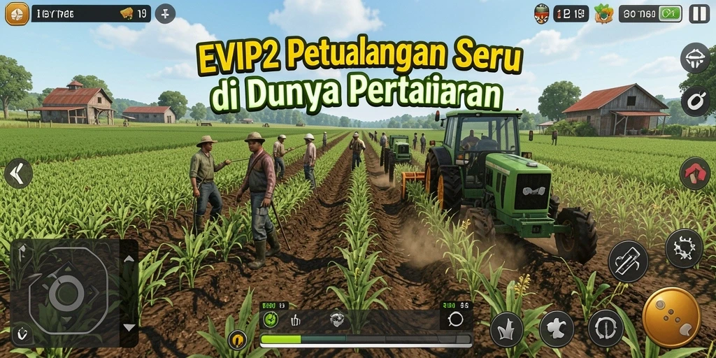 Tangkapan layar gameplay EVIP2 yang menunjukkan kebun yang subur.