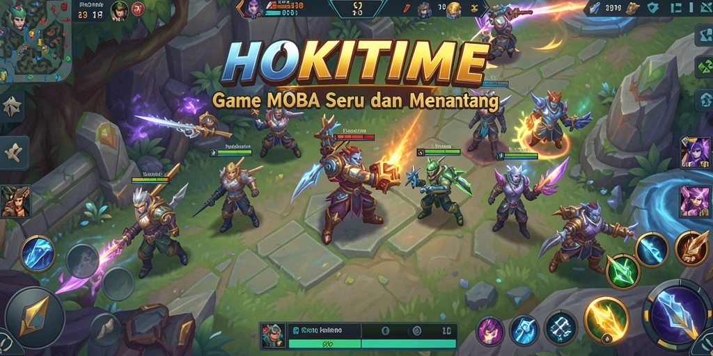 Screenshot utama HOKITIME menampilkan aksi seru di arena pertempuran MOBA.