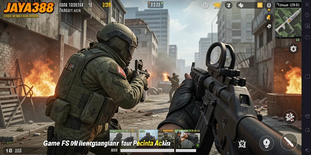 Tampilan aksi mendebarkan dalam gameplay JAYA388 di mode FPS.