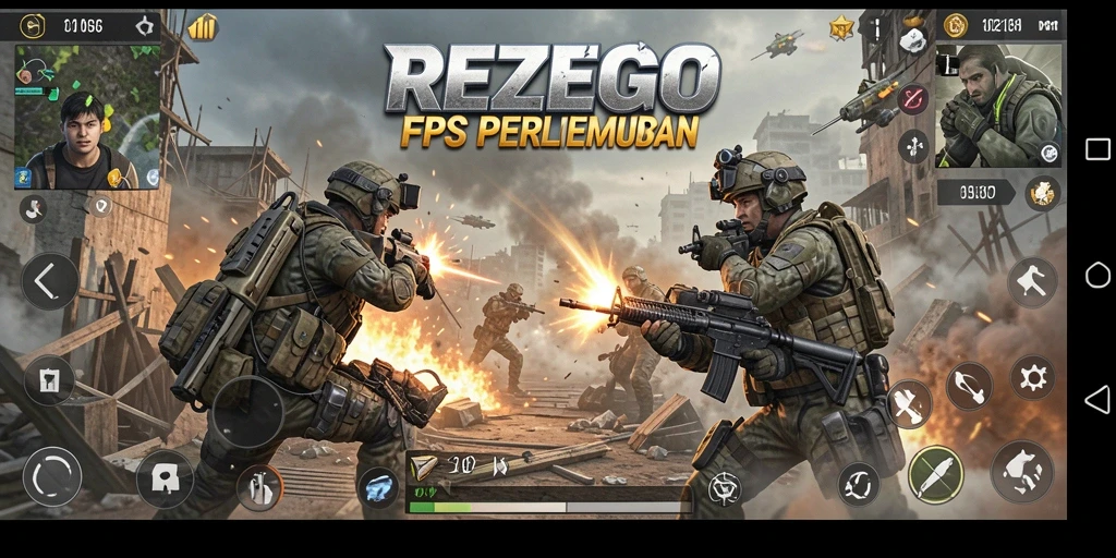 Tangkapan layar utama gameplay REZEGO dengan aksi tembak-menembak yang intens.